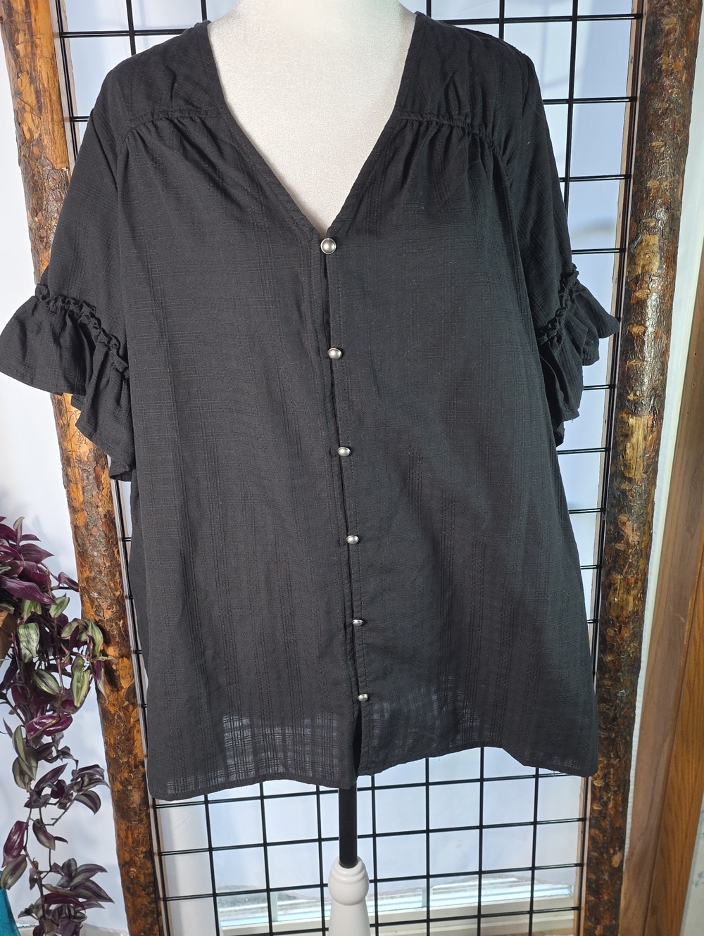 Terra & Sky Black Sheer Plaid Blouse